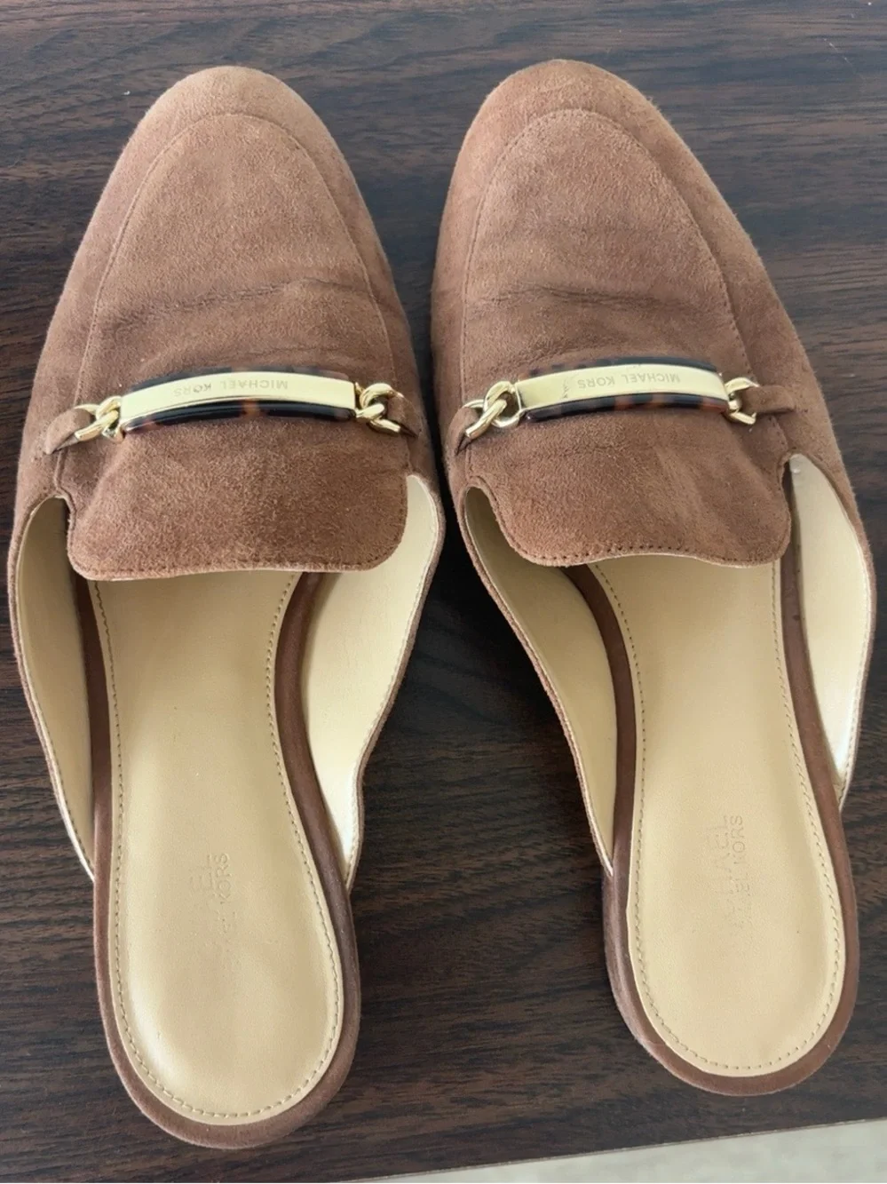 Michael Kors Brown Suede Backless Loafers with Gold-Tone Bar